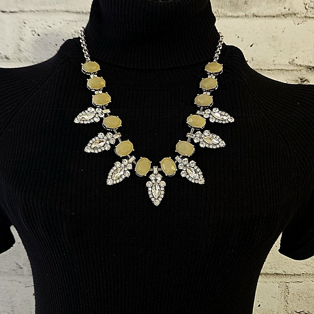 Lia Sophia Yellow Rhinestone Leaf Statement Necklace Silver Tone Retired